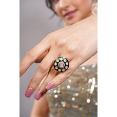 Amaita Gold Finish Polki Kundan Green Enamel Dome Cocktail Ring