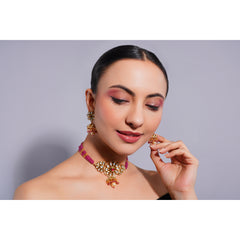 Amaita Demi Fine Ethnic Polki Kundan Ruby Pink BeadsStrand Jewellery Set