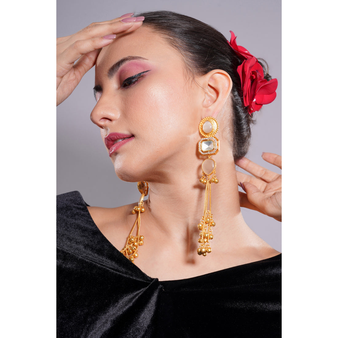 Amaita Gold Finish Kashmiri Mirror Stone Earrings