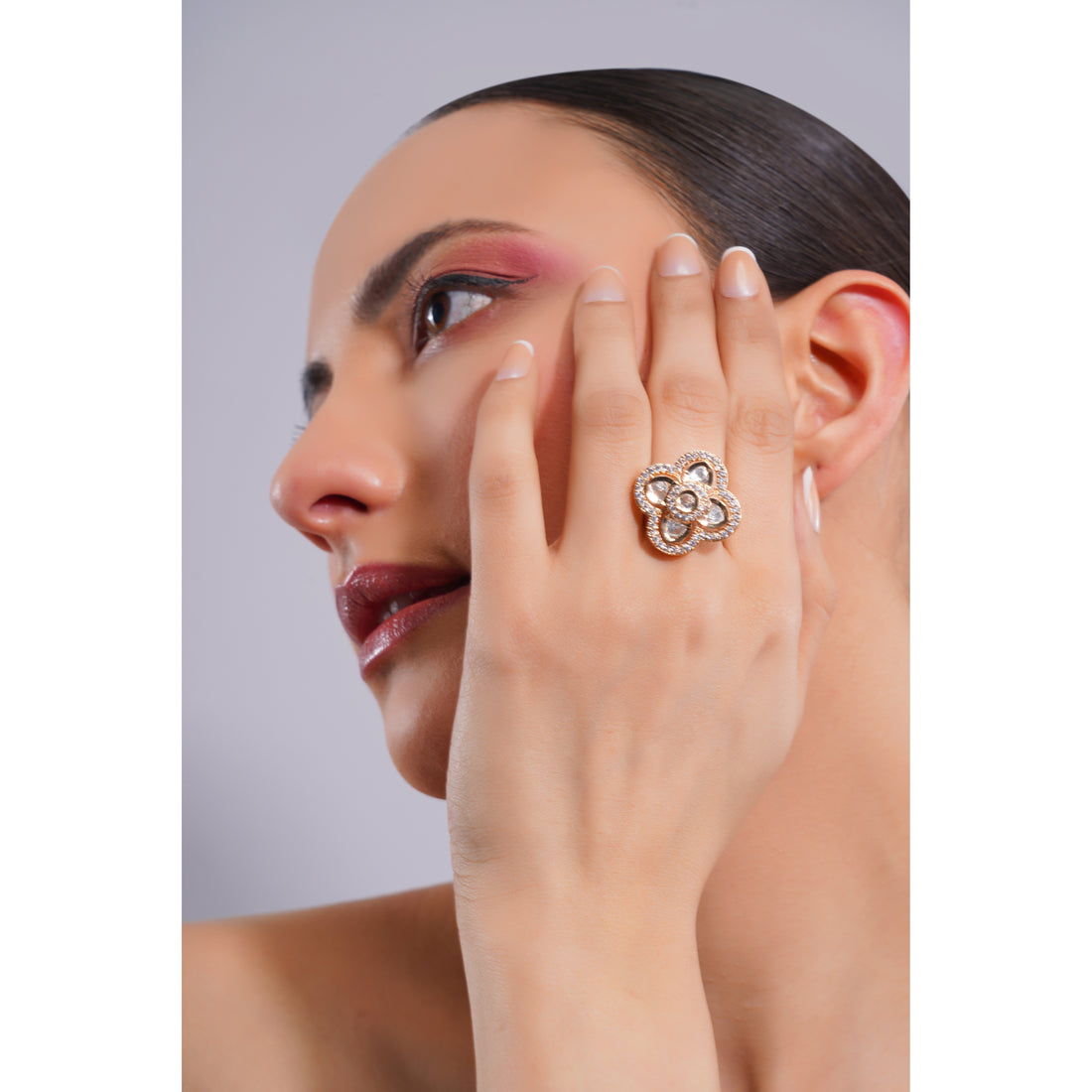 Amaita Demi Fine Gold Tone AD Four Petal Clover Cocktail Ring