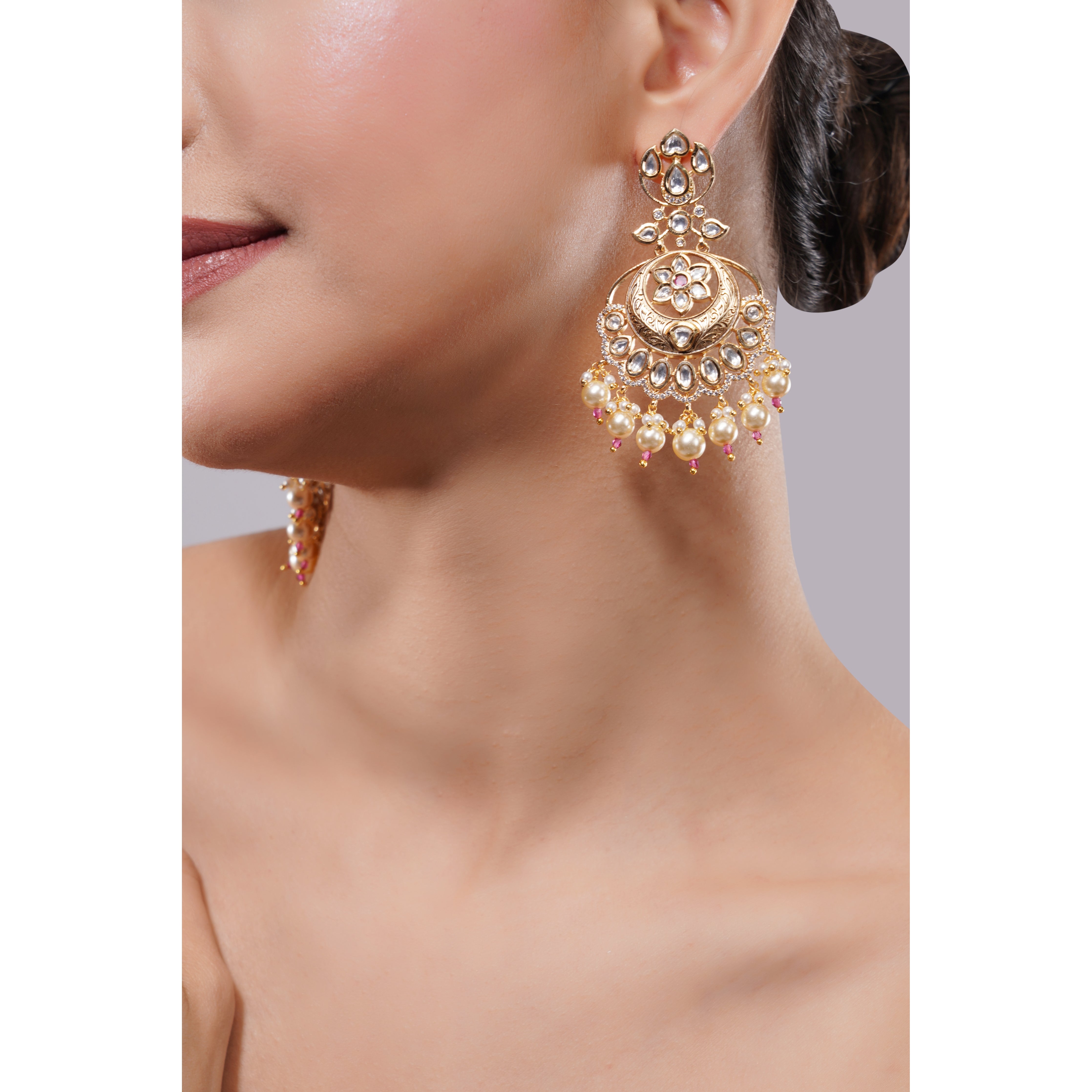 Amaita Demi Fine Ethnic Polki Kundan Crescent Chandbali Gold Pearl Earrings