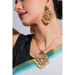 Amaita Demi Fine Ethnic Polki Emerald Ruby Stone Gold Chain Pendant Chandbali Set