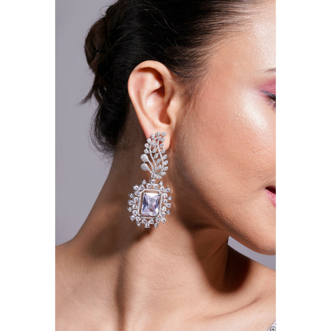 Amaita AD Square Stone Floral Drop Earrings in Silver Finish