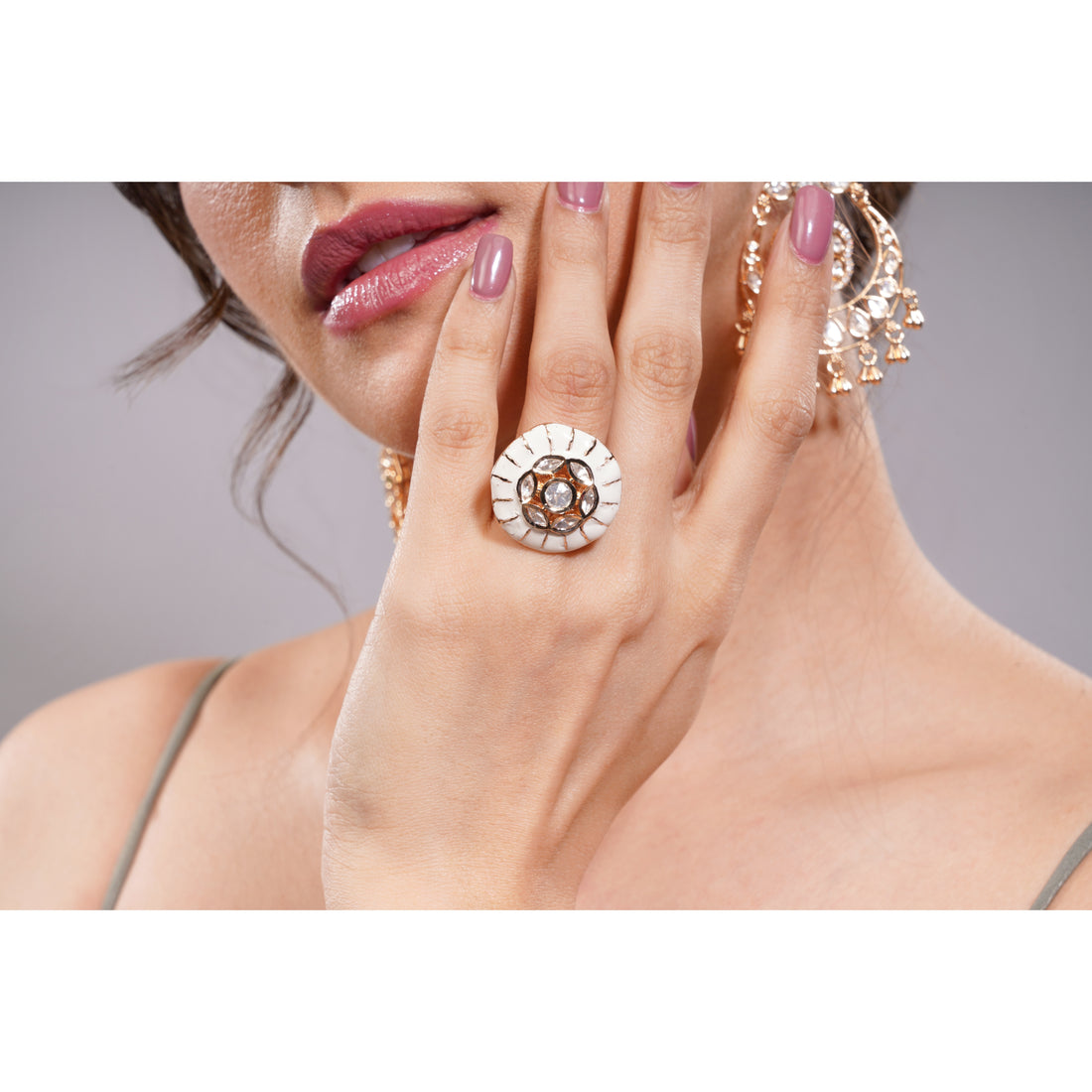 Amaita Traditional Polki Kundan White Meenakari Geometric Cocktail Ring