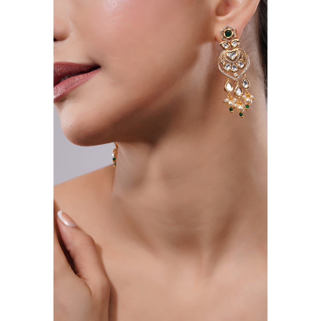 Amaita Demi Fine Ethnic Polki Kundan Emerald Green Pearl Drop Earrings