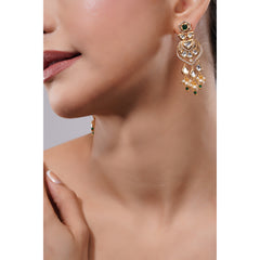 Amaita Demi Fine Ethnic Polki Kundan Emerald Green Pearl Drop Earrings