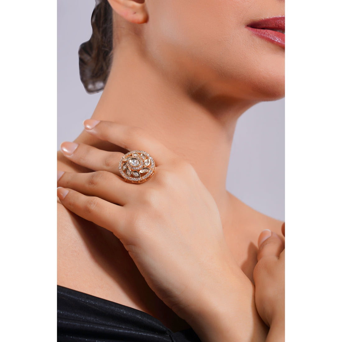 Amaita Demi Fine Polki Rose Gold Floral Dome Oval Stone Ring