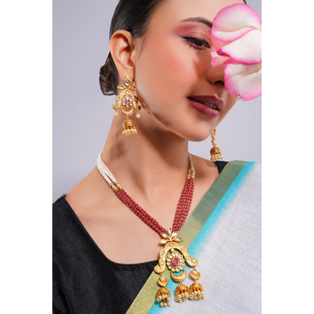 Amaita Demi Fine Ethnic Polki Ruby Red Bead Strand Jhumka Pendant Chandbali Necklace Set
