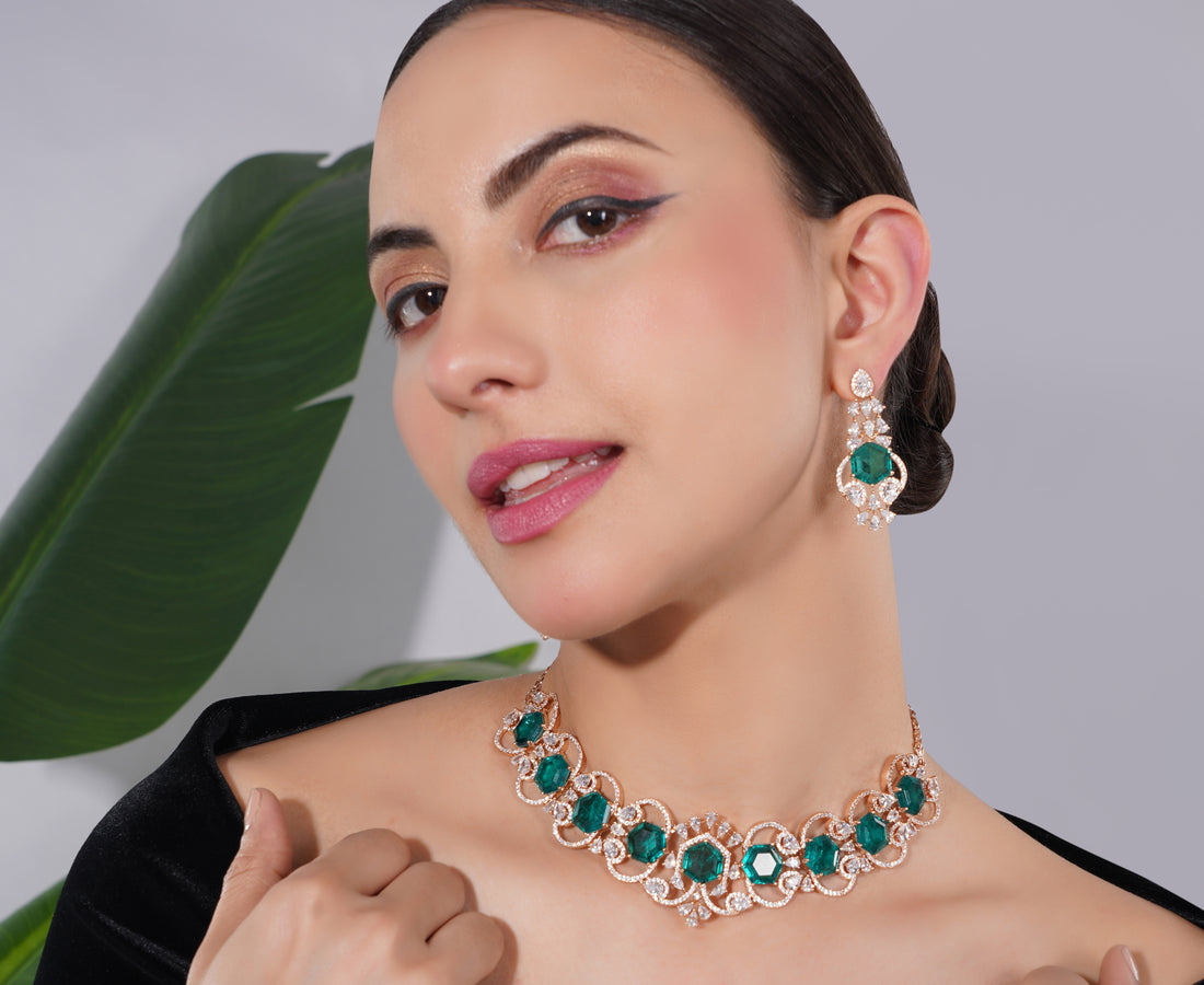 Amaita American Diamond Emerald Choker Necklace and Earring Set