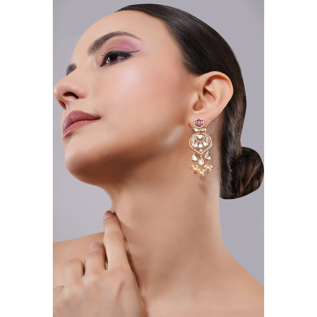 Amaita Demi Fine Ethnic Polki Heart Motif Ruby Pearl Tassel Drop Earrings