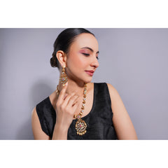 Amaita Demi Fine Ethnic Polki Kundan Ruby Pink Stone & Gold Pendant Necklace Set
