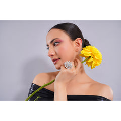 Amaita Demi Fine American Diamond All-White Sunflower Statement Cocktail Ring