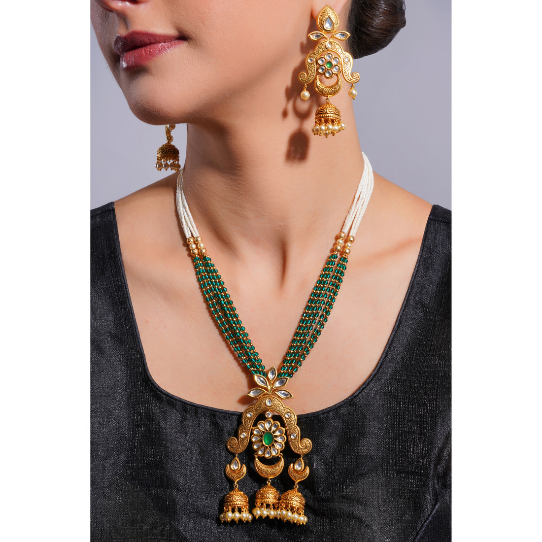 Amaita Demi Fine Ethnic Polki Kundan Emerald Green Bead Pearl Strand Jhumka Pendant Set