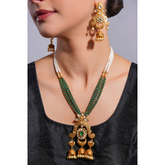 Amaita Demi Fine Ethnic Polki Kundan Emerald Green Bead Pearl Strand Jhumka Pendant Set