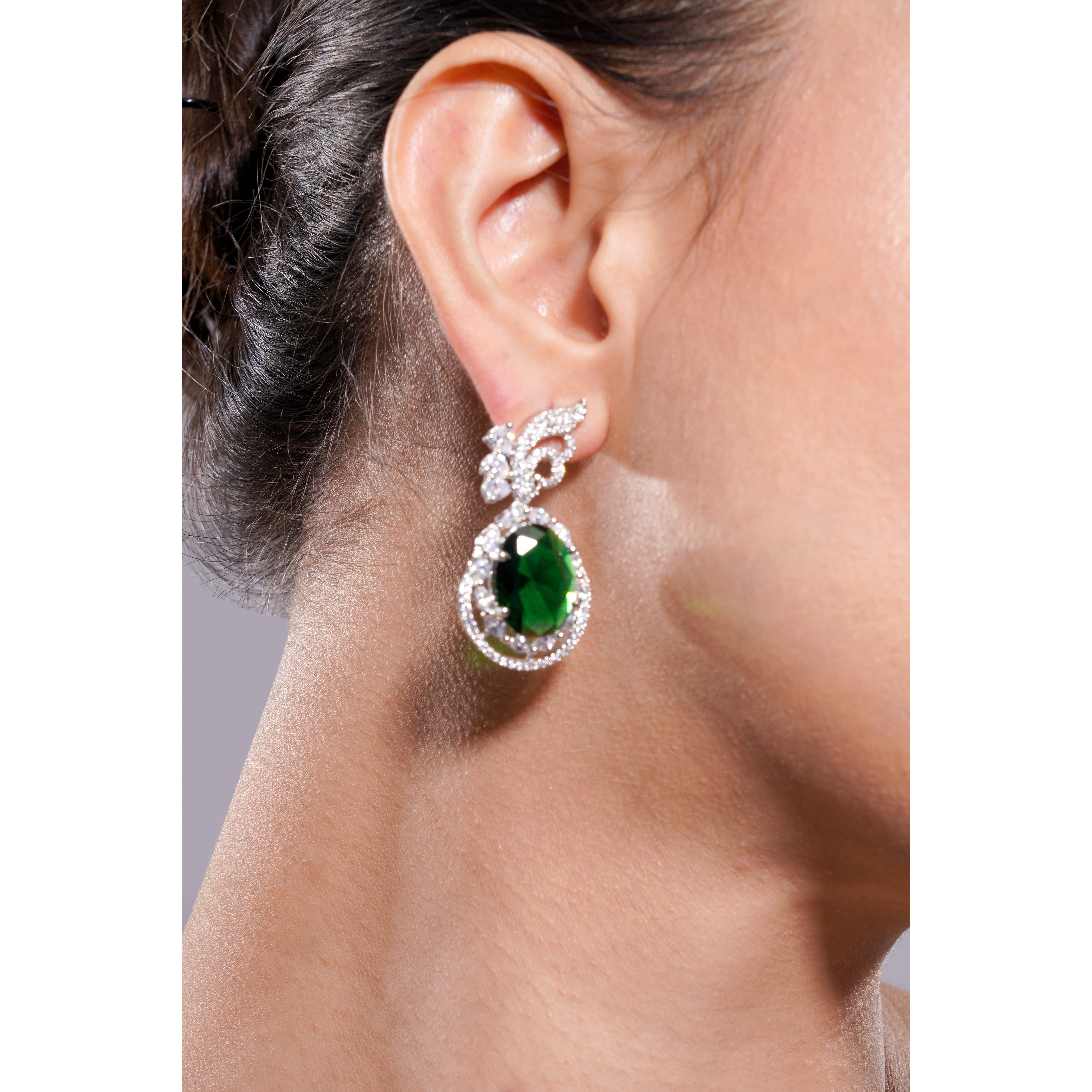 Amaita American Diamond Emerald Green Stone Drop Earrings