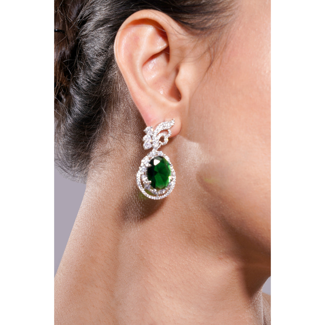 Amaita American Diamond Emerald Green Stone Drop Earrings
