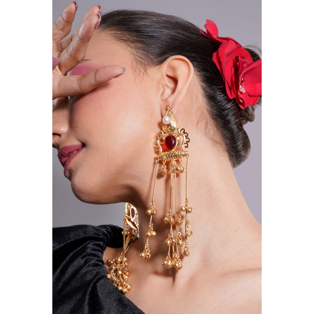 Amaita Kashmiri Ruby Long Dangling Earrings