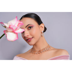 Amaita Demi Fine American Diamond Gold Floral Drop Fringe Necklace Earring Set