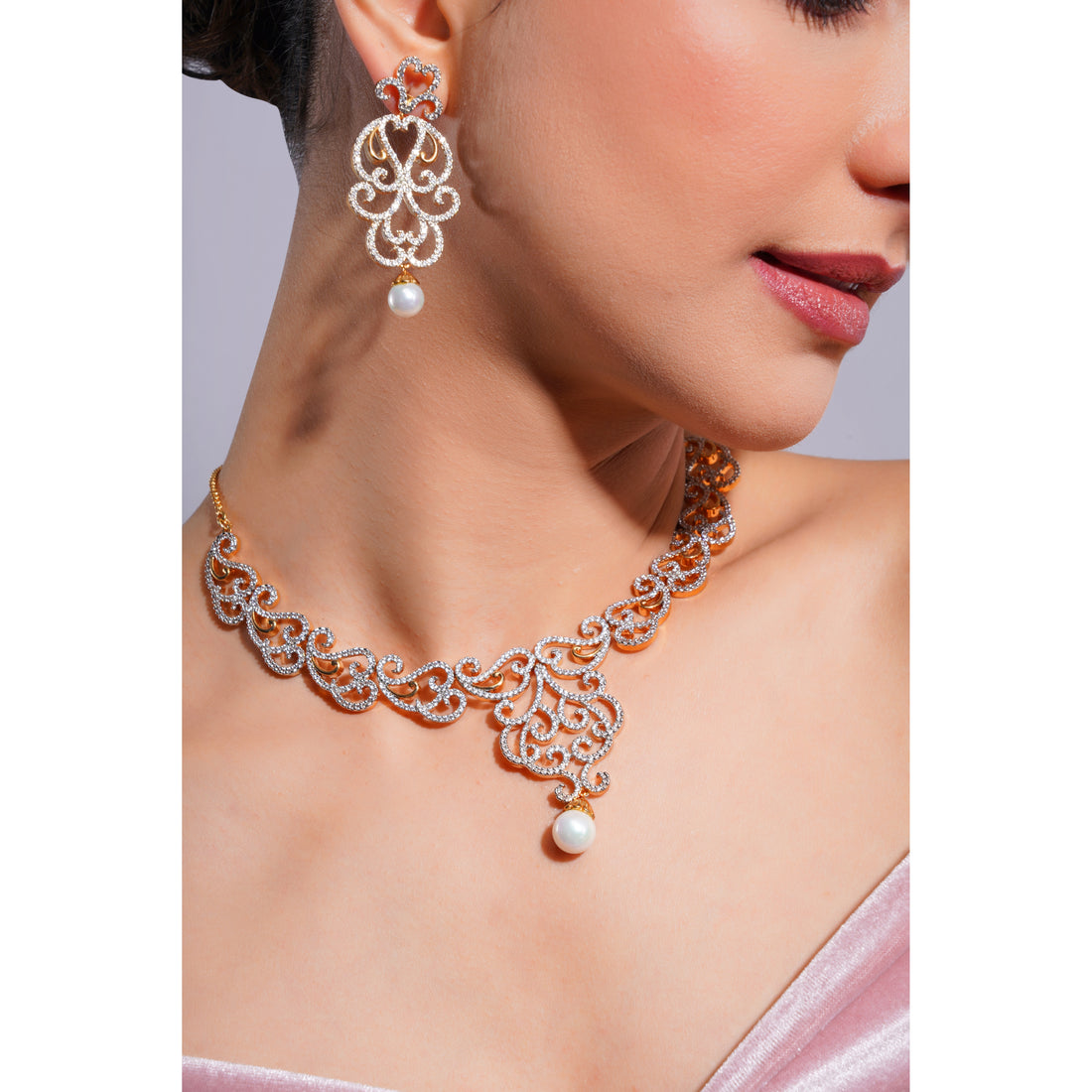 Amaita Demi Fine Gold Tone AD Filigree Scroll Necklace and Earring Set