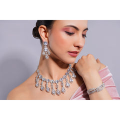 Amaita Demi Fine Platinum Polish AD Pear Stone Chandelier Fringe Necklace Earring Set