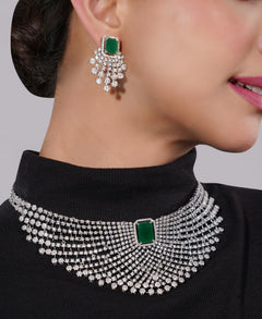 Amaita American Diamond Emerald Choker Necklace Set