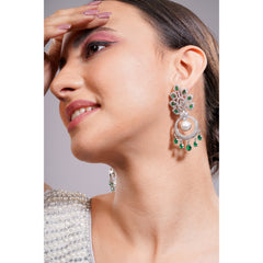Amaita Silver Tone AD Emerald Green Stone Pearl Chandbali Drop
