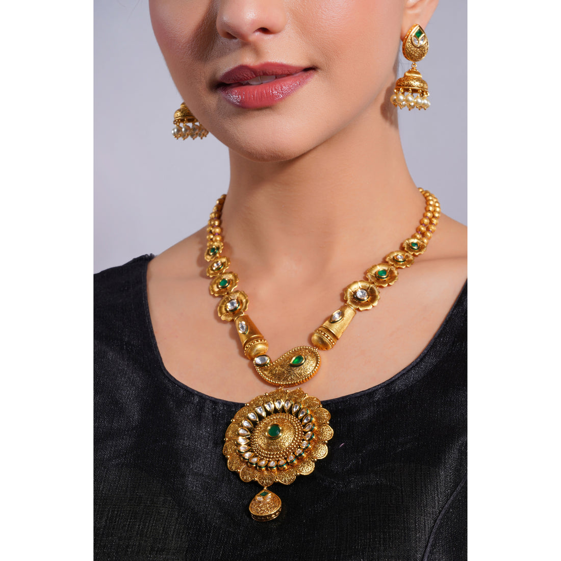 Amaita Demi Fine Ethnic Polki Emerald Gold  Disc Pearl Necklace Jhumka Set