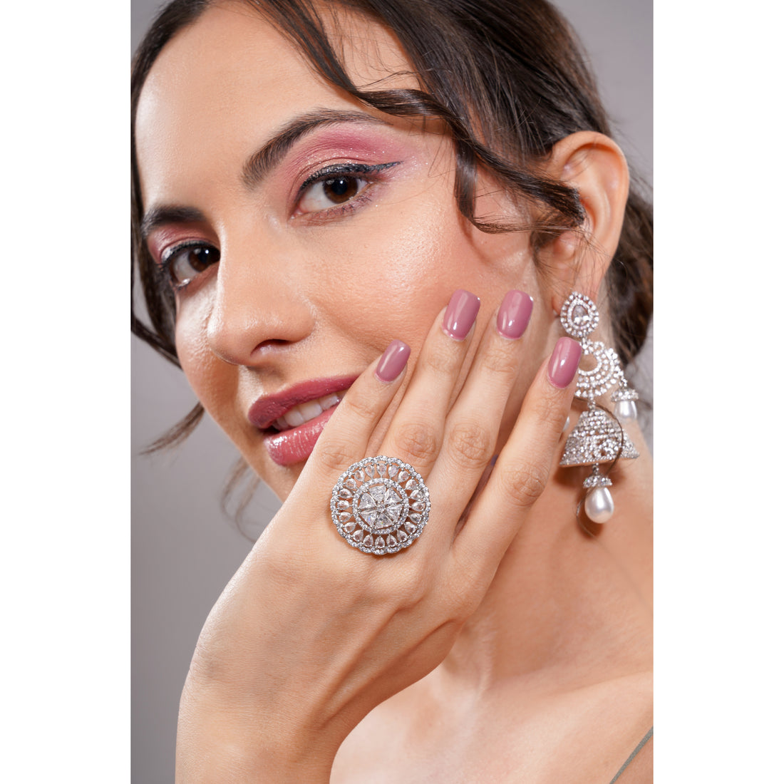 Amaita AD All-Over Diamond Sunburst Cocktail Ring in Platinum Finish