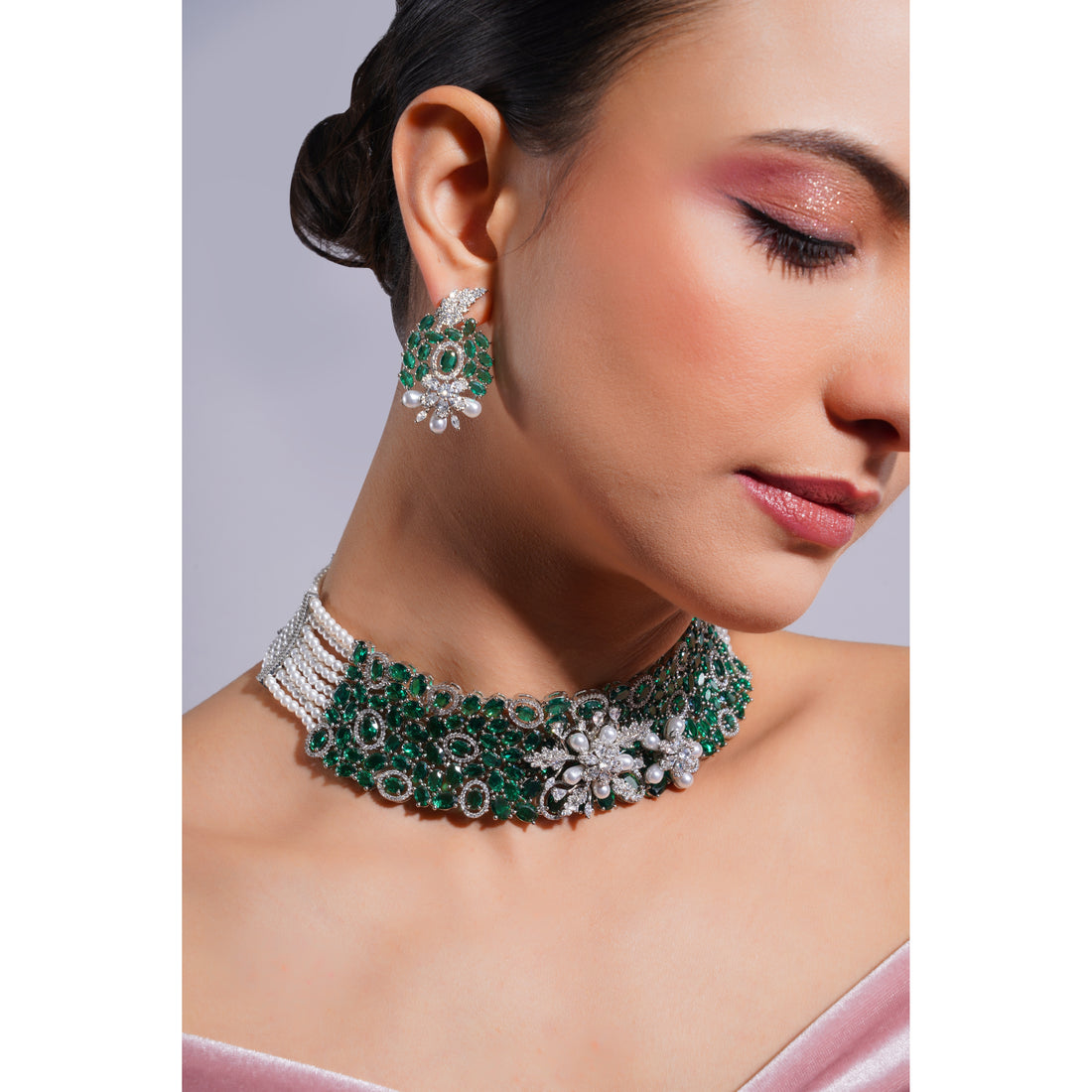 Amaita Demi Fine American Diamond Emerald Green Stone Broad Choker Jewellery Set
