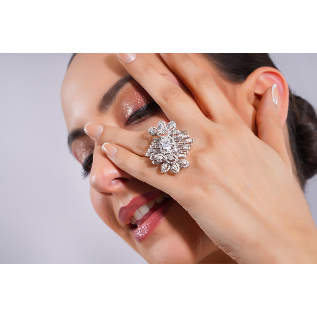 Amaita Demi Fine Platinum Polish AD Baguette Cushion Floral Halo Cocktail Ring