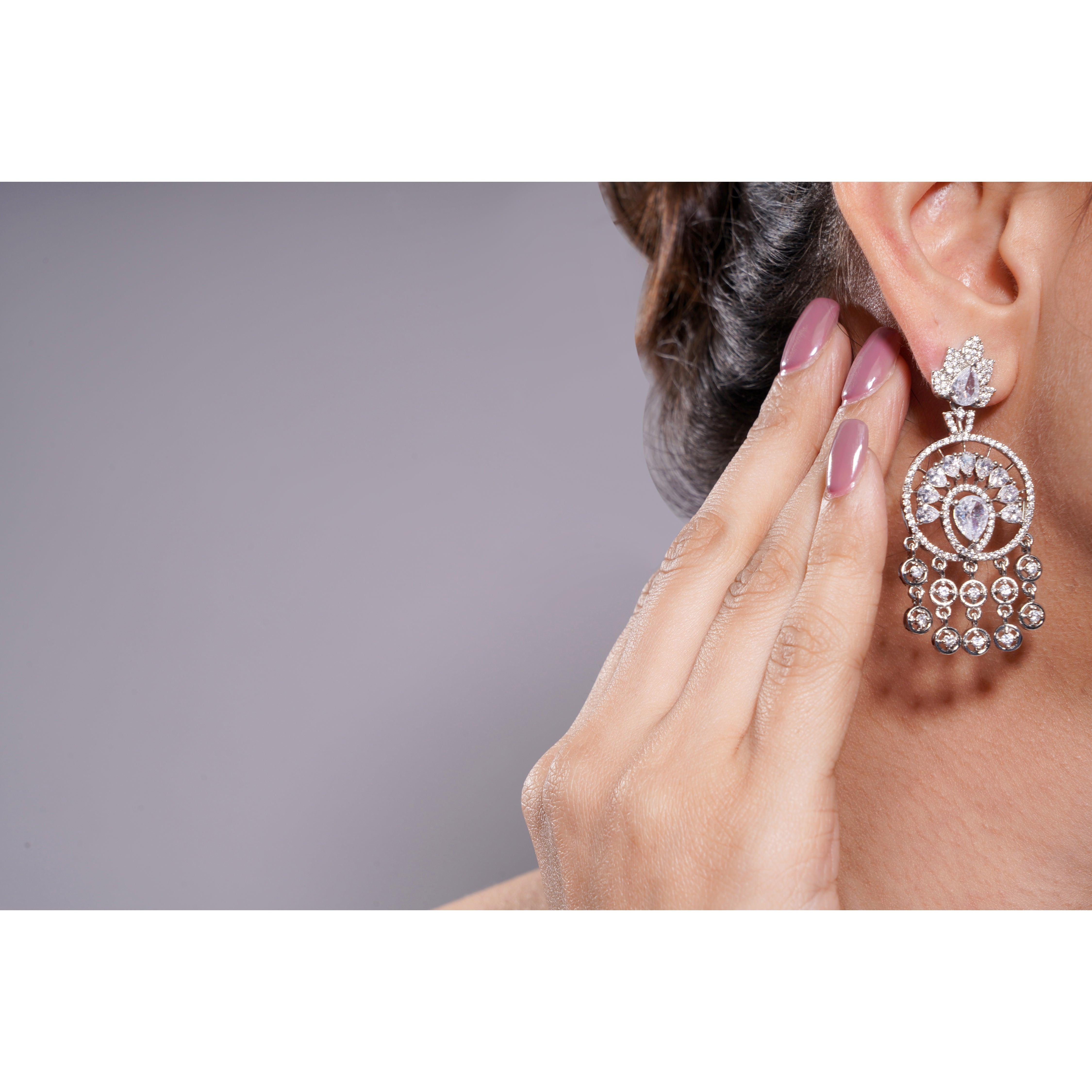 Amaita AD Pear Stone Tassel Drop Earrings in Silver Finish