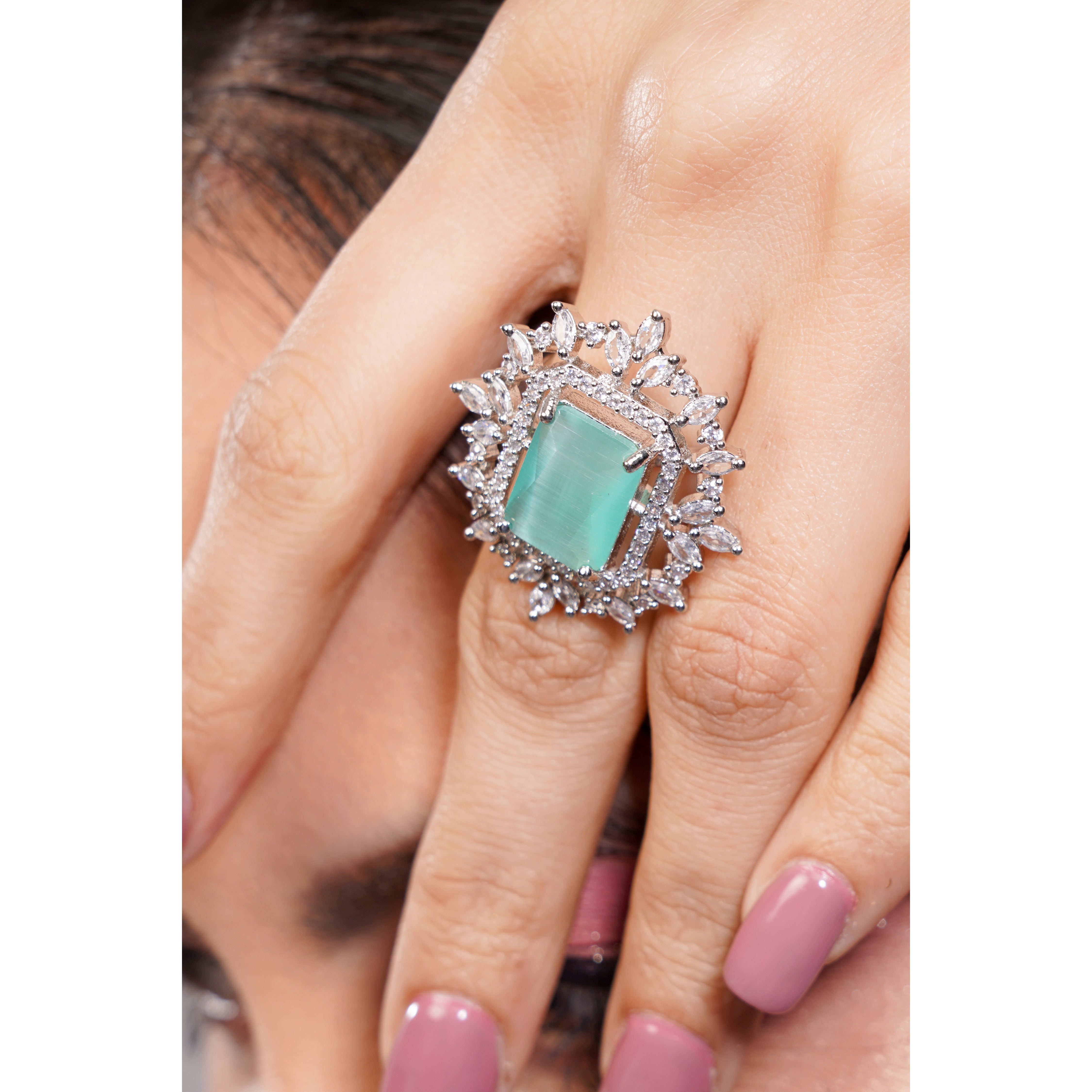Amaita American Diamond Mint Green Emerald Cut Halo Cocktail