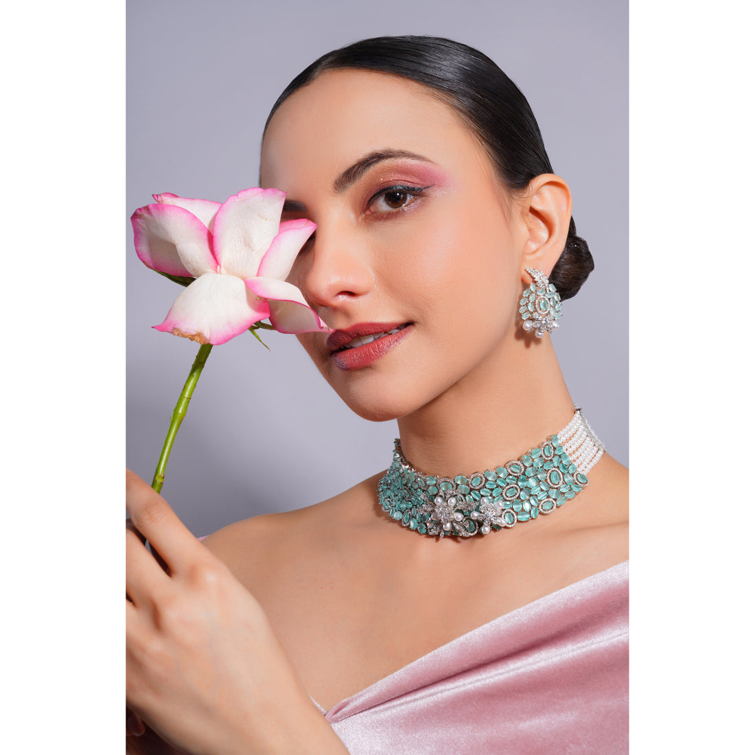 Amaita Demi Fine Platinum Polish AD Turquoise Stone Pearl Strand Choker Necklace Earring Set