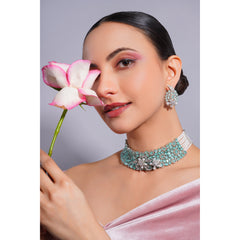 Amaita Demi Fine Platinum Polish AD Turquoise Stone Pearl Strand Choker Necklace Earring Set