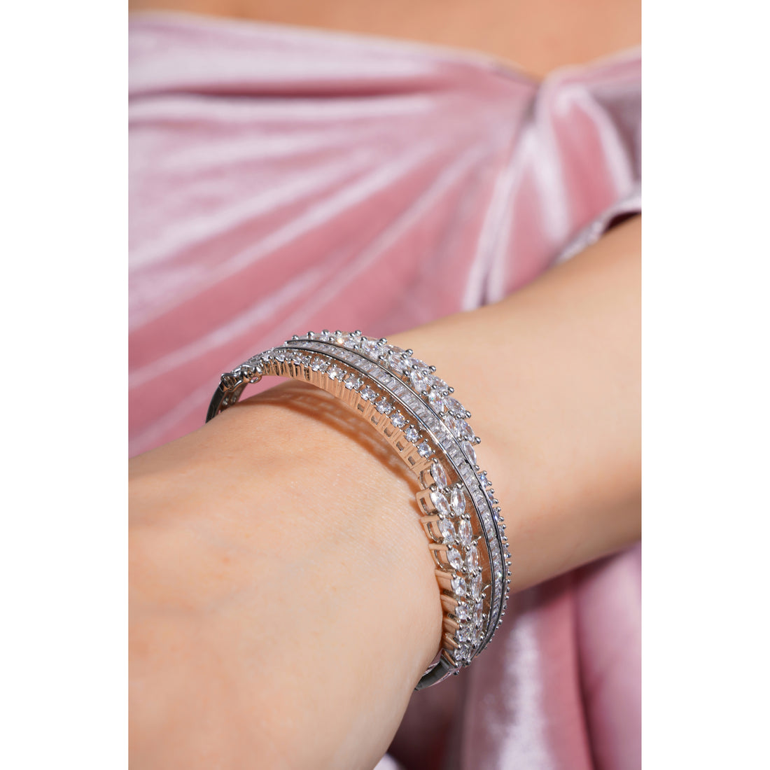 Amaita Demi Fine AD All-White Diamond Layered Bracelet Set in Platinum Finish