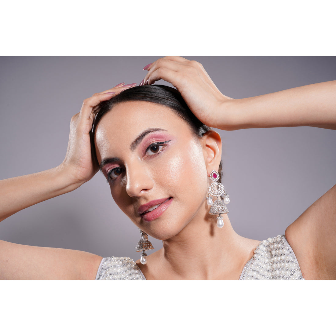 Amaita AD Grand Layered Jhumka Earrings with Ruby Top Stone