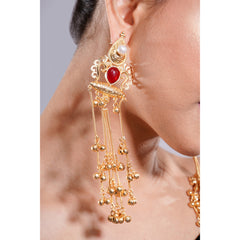 Amaita Kashmiri Red Stone Long Dangling Earrings