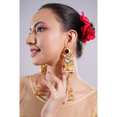 Amaita Traditional Gold Polish Maroon Stone Kashmiri Jhumka Earrings