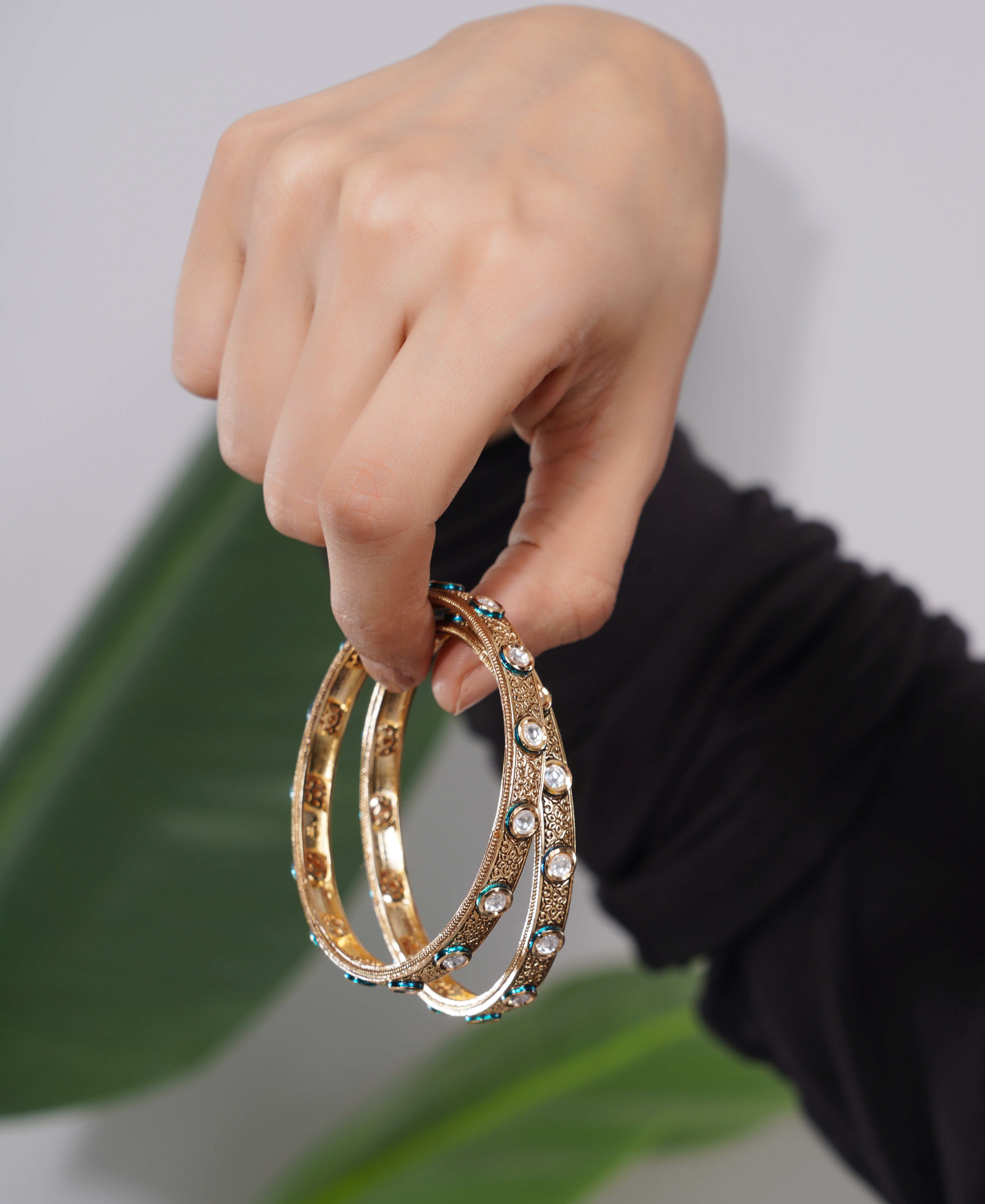 Amaita Gold-Finish American Diamond Teal Bangle Set