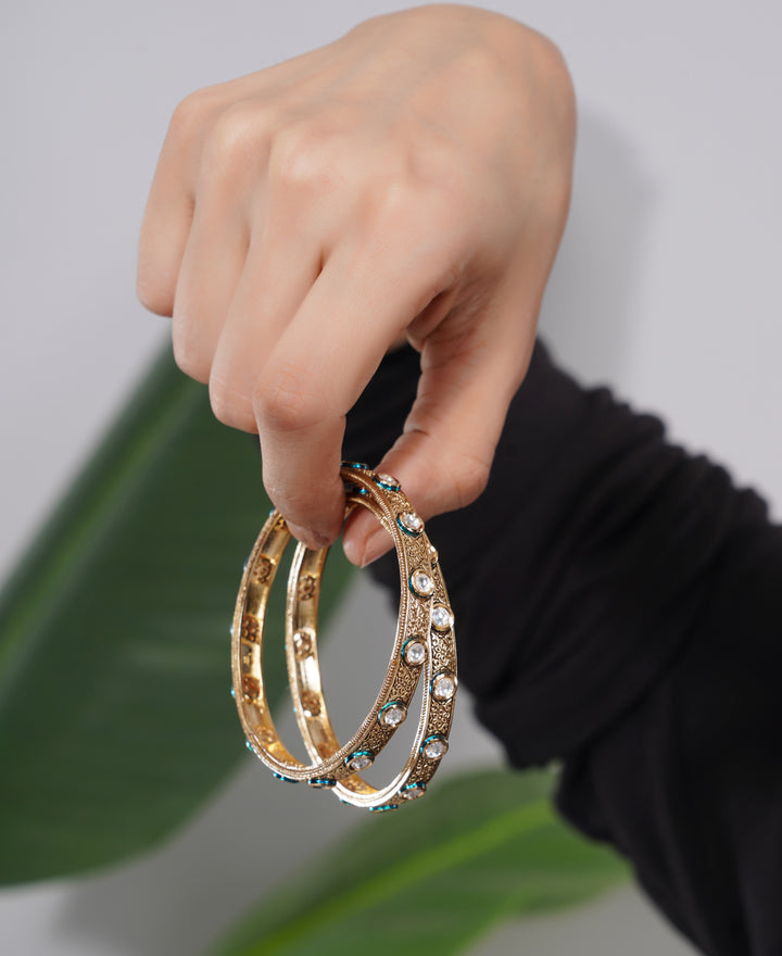 Amaita Gold-Finish American Diamond Teal Bangle Set