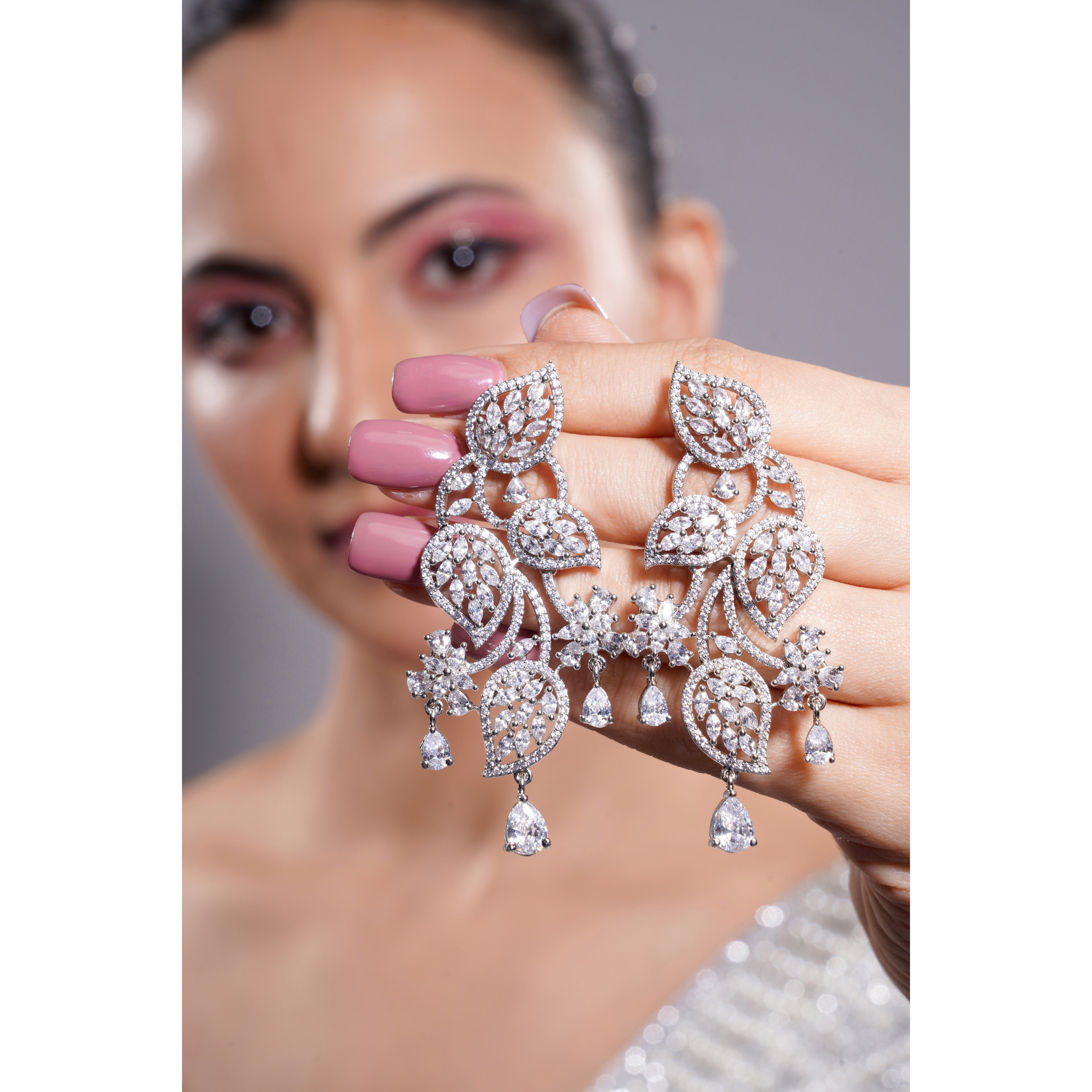 Amaita American Diamond Floral Leaf Chandelier Earrings