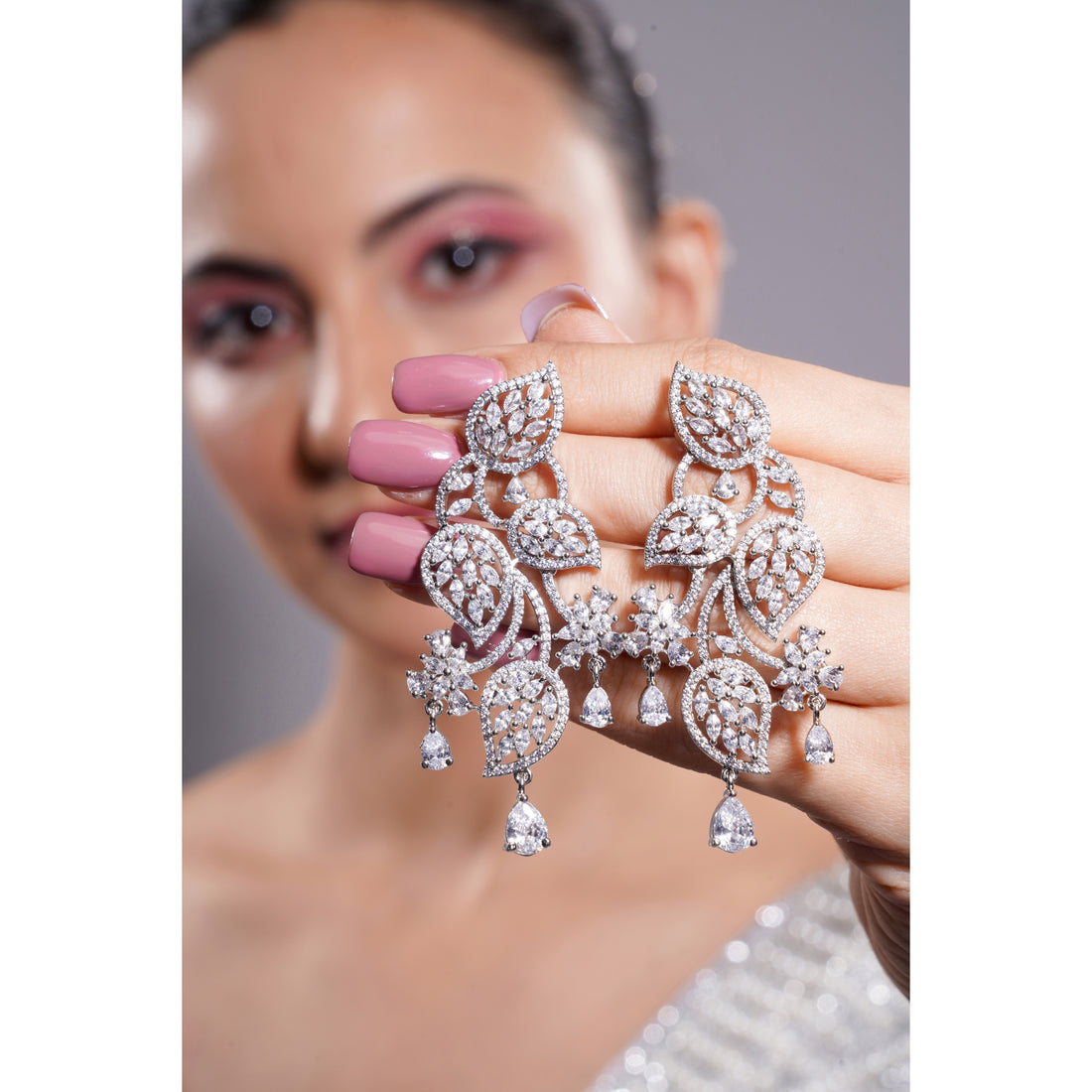 Amaita American Diamond Floral Leaf Chandelier Earrings