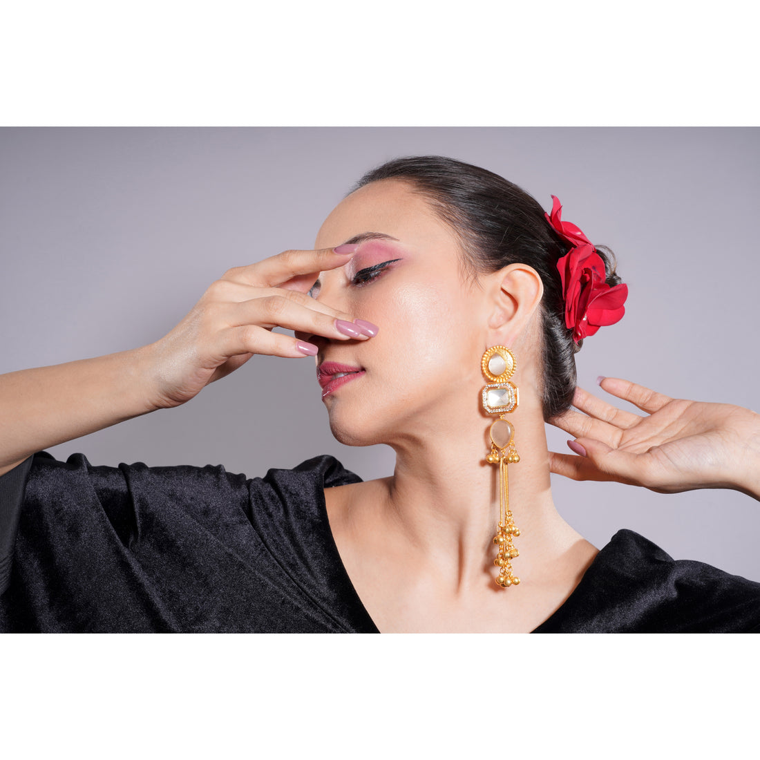 Amaita Gold Finish Kashmiri Mirror Stone Earrings