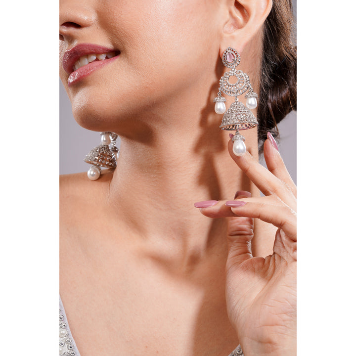 Amaita Silver Tone AD Blush Pink Stone Layered Jhumka Pearl Drop