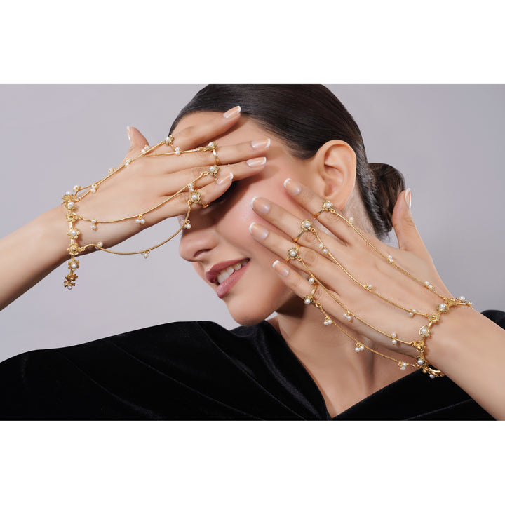Amaita Demi Fine Gold Pearl Multi Chain Finger Bracelet Hand Harness