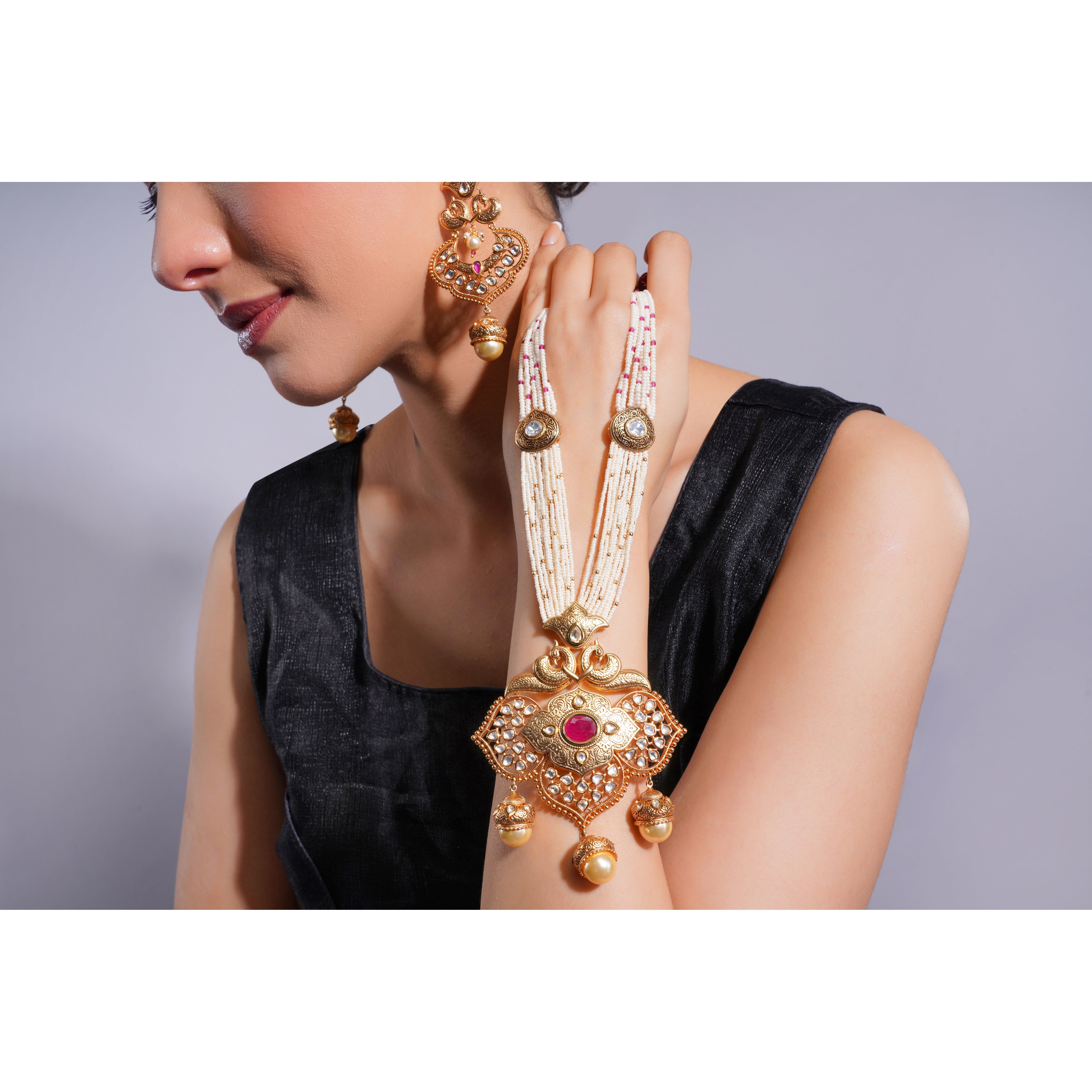 Amaita Demi Fine Ethnic Polki Kundan Multi Strand Pearl Ruby Pendant Necklace Set