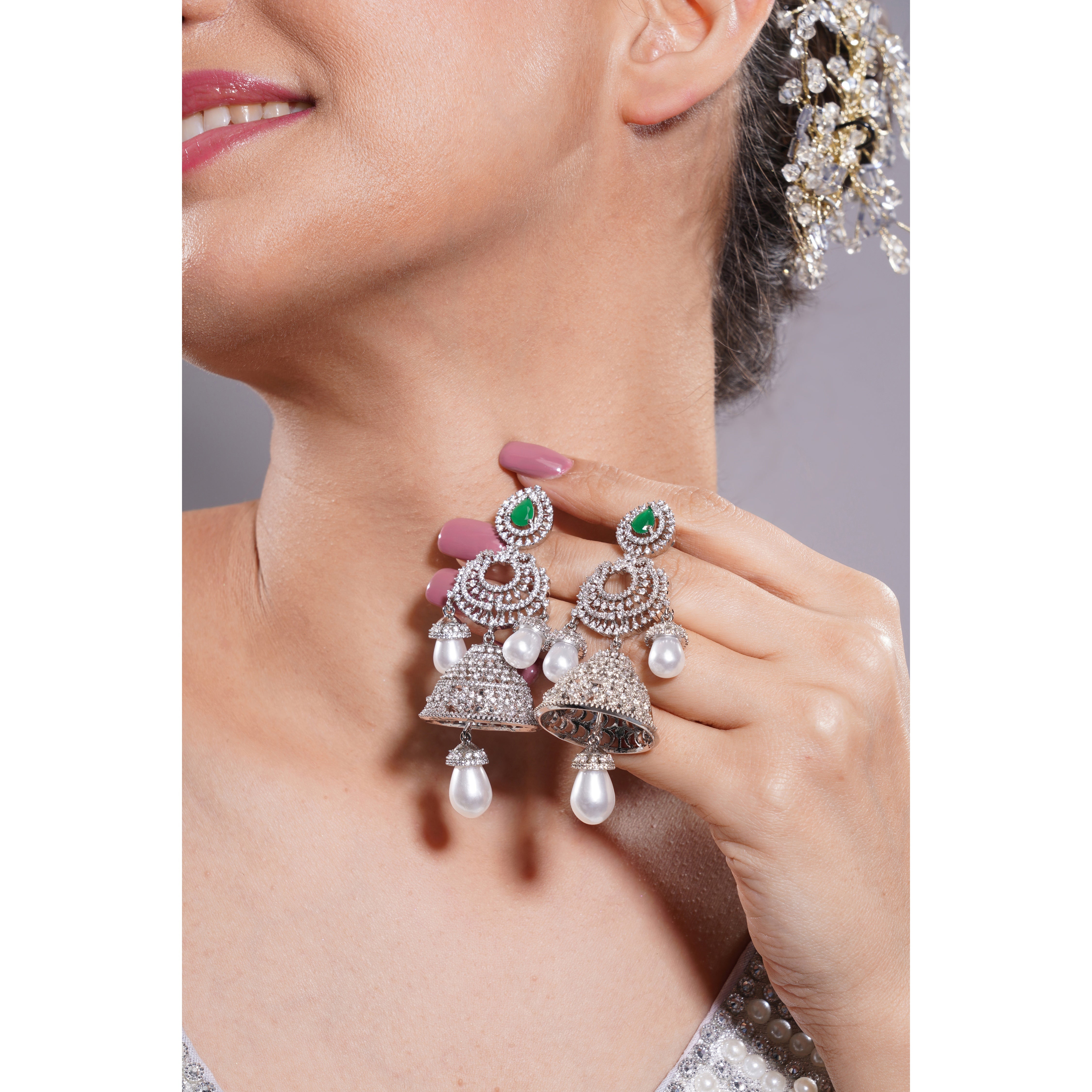 Amaita AD Emerald Green Stone Jhumka Earrings in Silver Finish