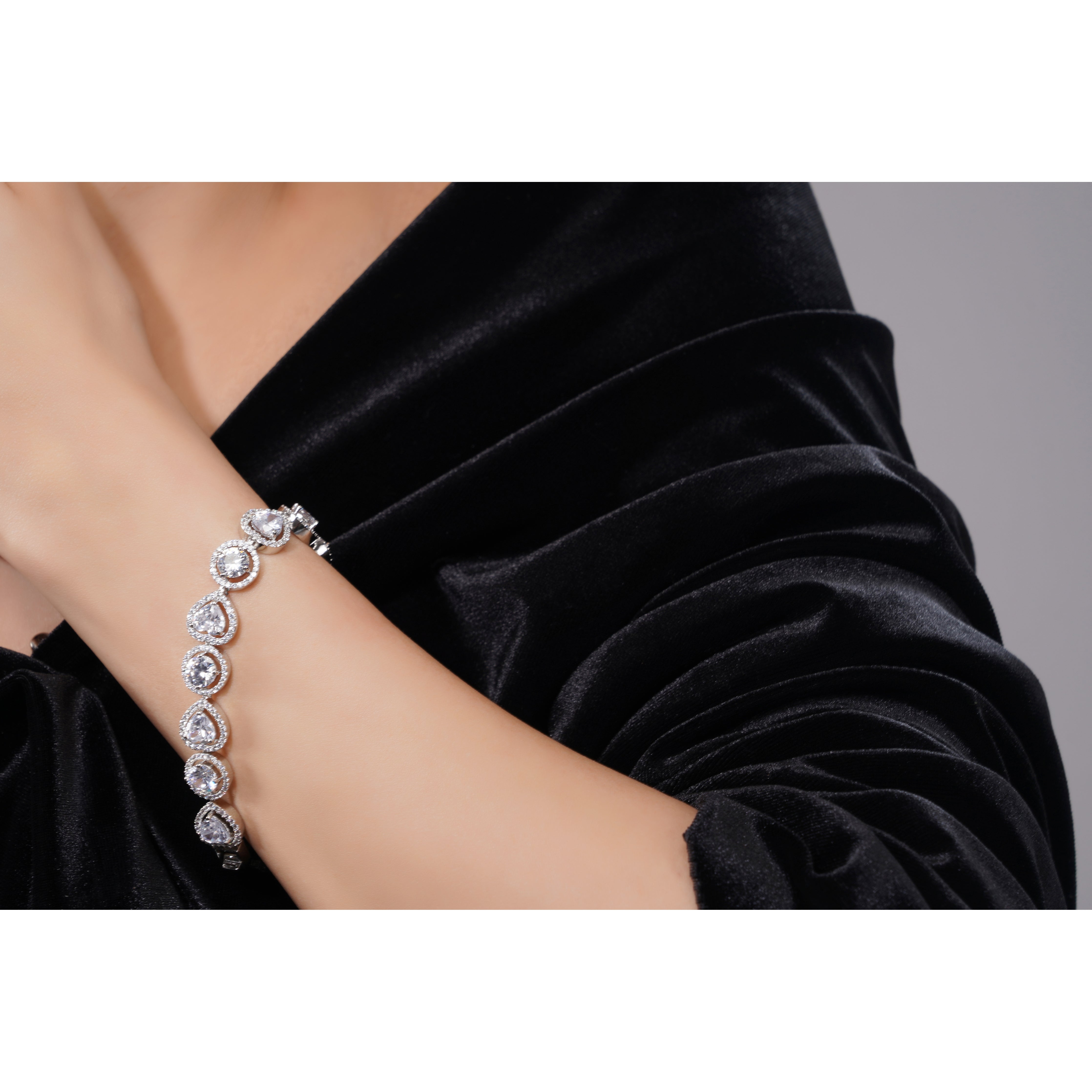 Amaita Demi Fine AD All-White Pear Stone Link Bracelet in Platinum Finish