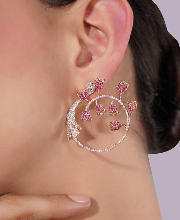 Amaita American Diamond Pink Floral Circular Earrings