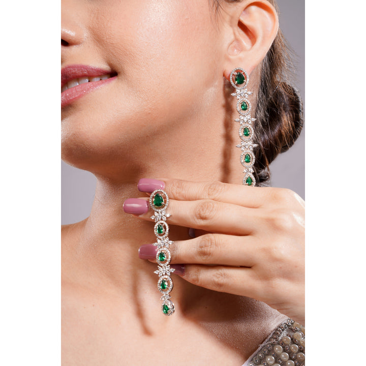 Amaita Silver Tone AD Deep Emerald Oval Linear Drop Earrings